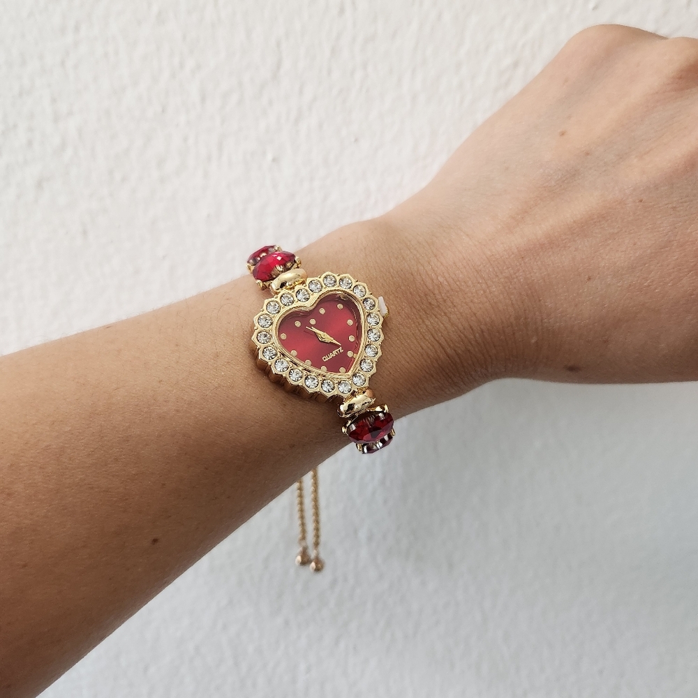 Vintage Red Casual Heart Shape Jewelry With Rhinestones Womens Watch - Picture 8 of 12